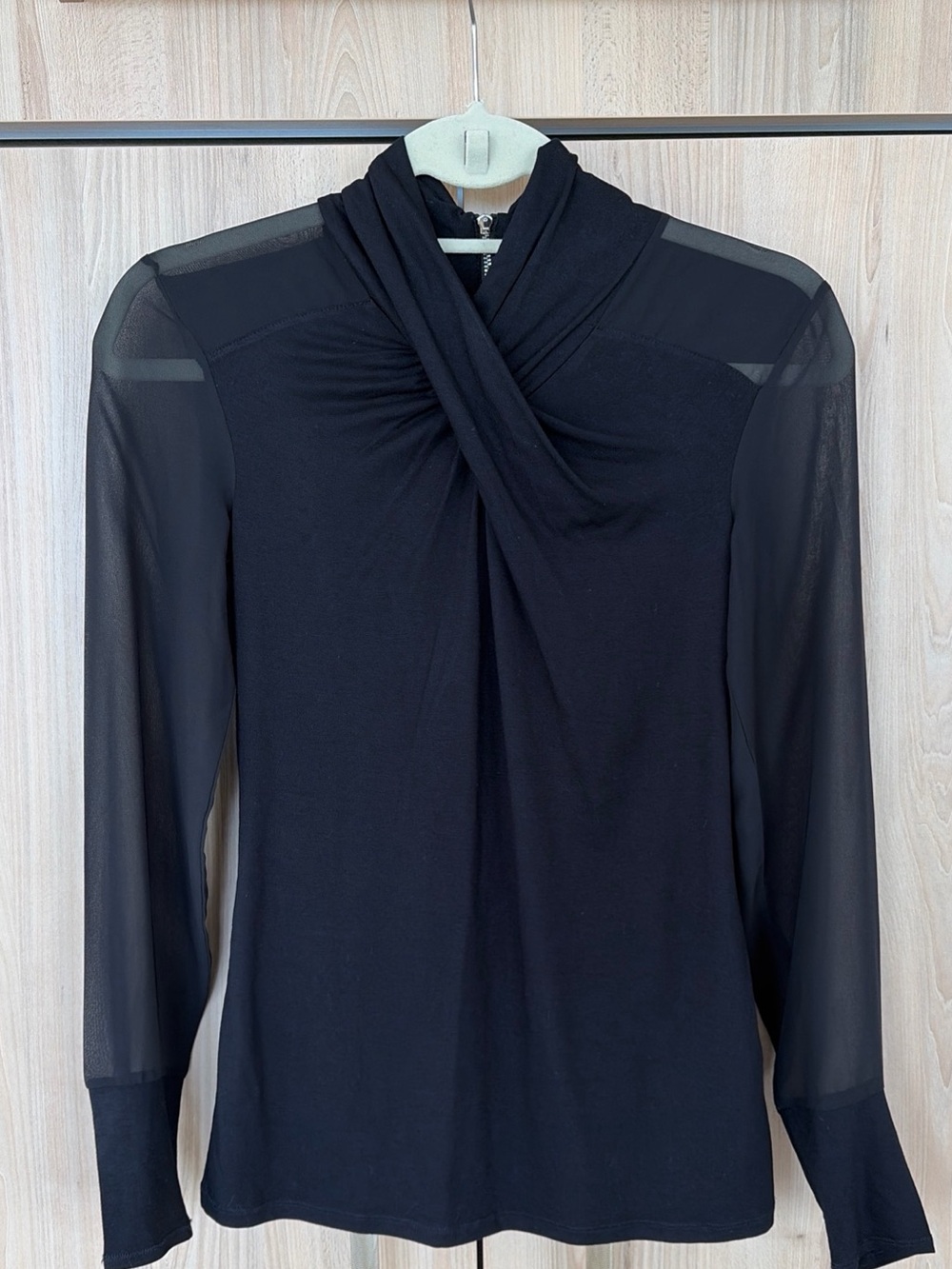 Karen Millen Women’s 6 Black Twist Front Jersey Top Sheer Sleeve Long Sleeve